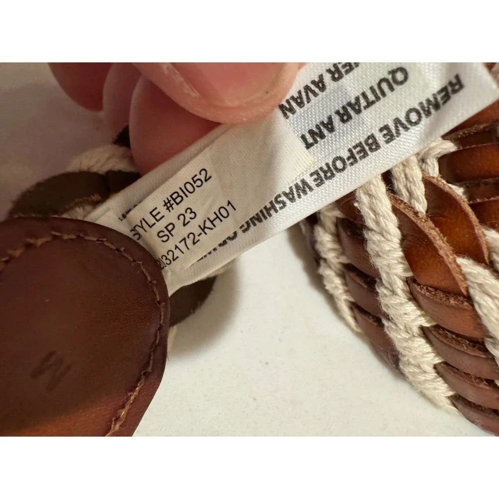 Braided Leather and Rope‎ Belt Brown Cream Brass Buckle Women Boho Nautical